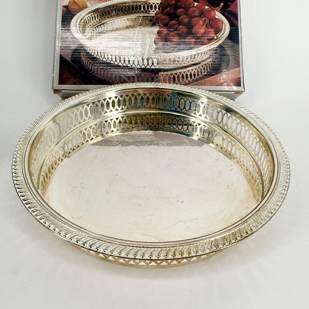 Old Hampshire Silversmiths Silverplate Gallery Serving Tray Round Pierced 10in - Picture 2 of 3